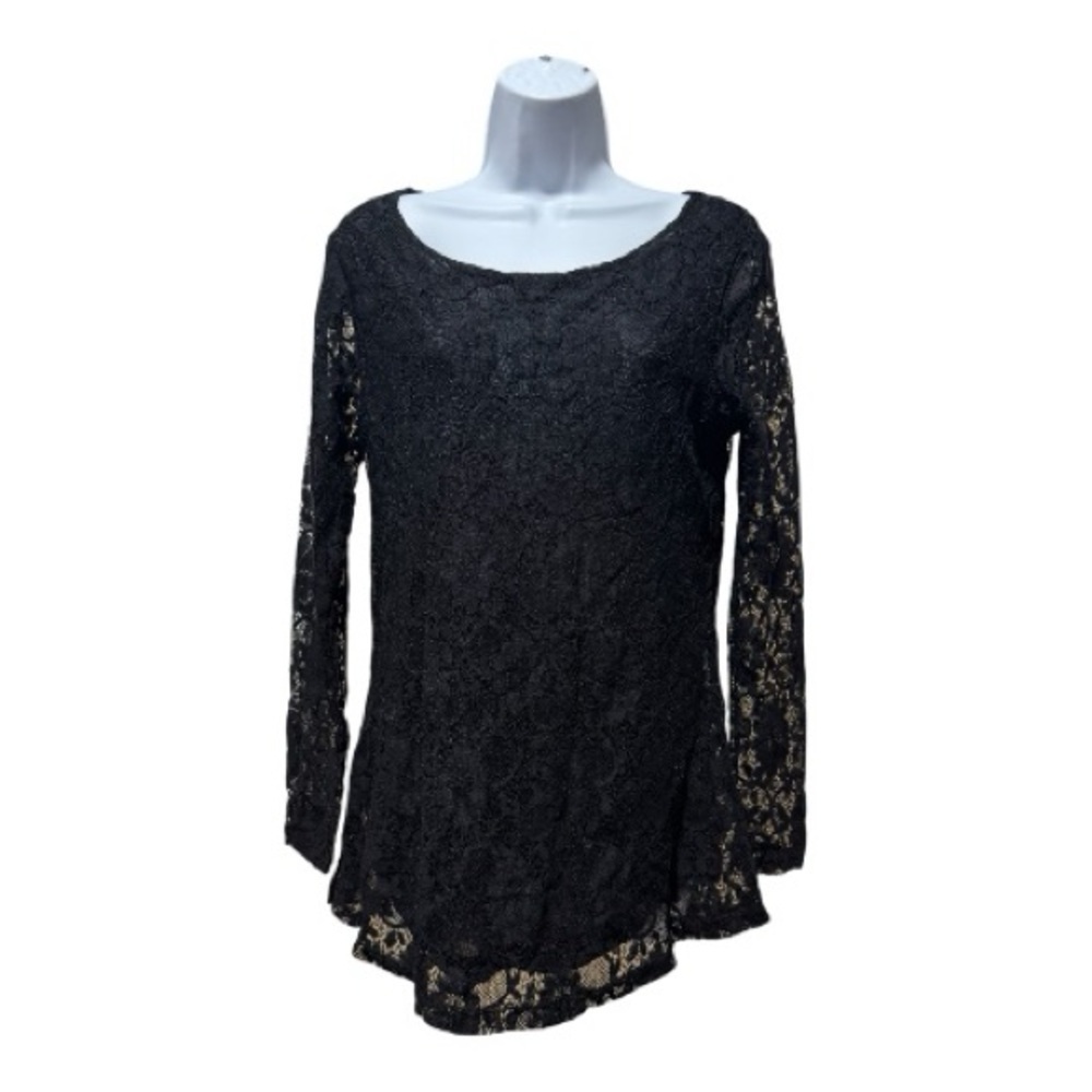 Soteer Black Lace Tunic Top Size M Lined Sheer Long Sleeve Stretchy